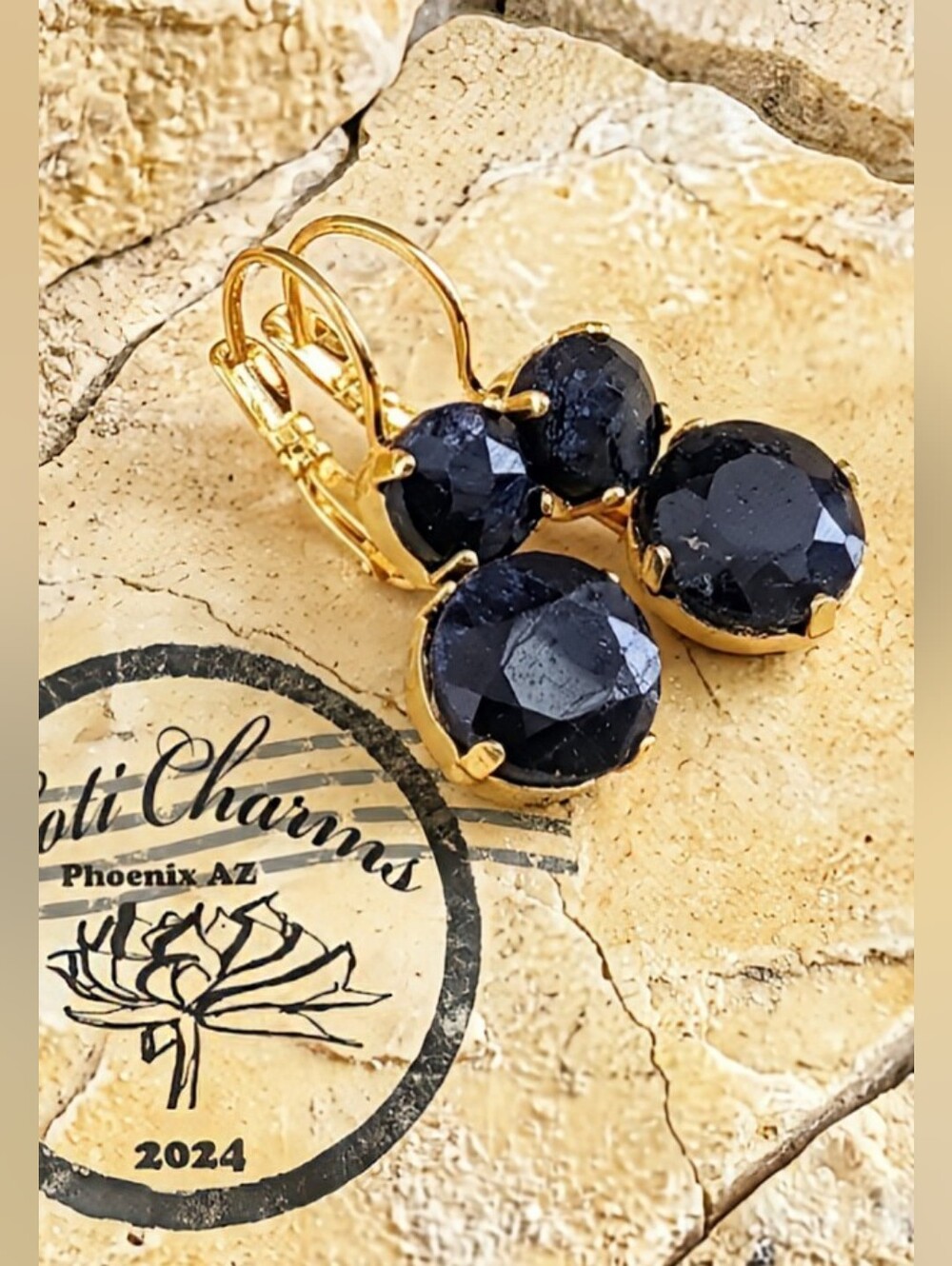 16.2 Total Carats Rough  Dark Sapphire In 2 Setting 18k Gold Plated Earrings